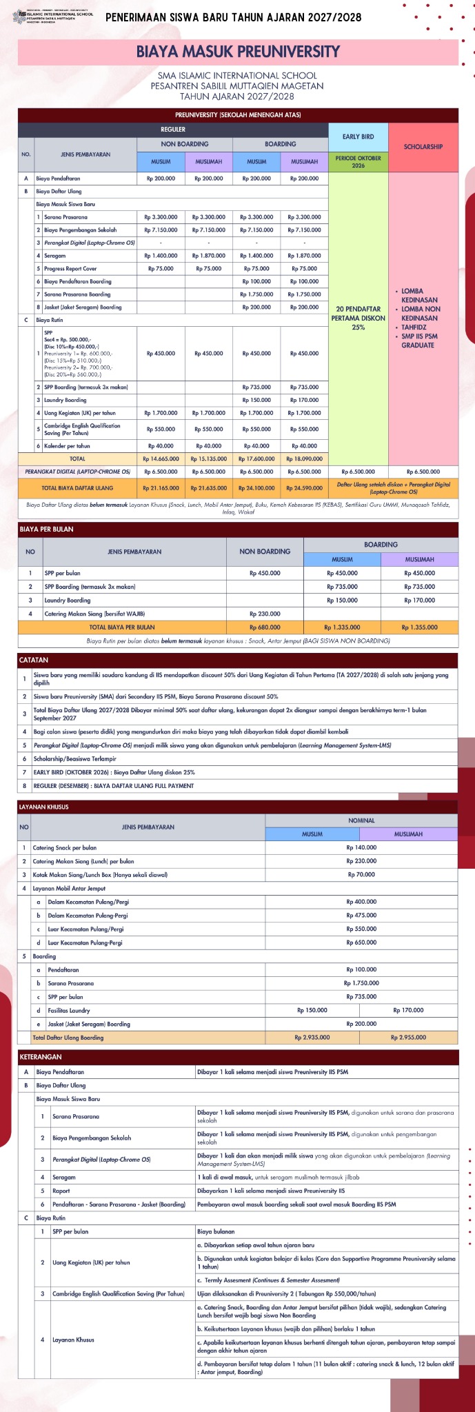 Brosur biaya reguler Preuniversity 2027/2028